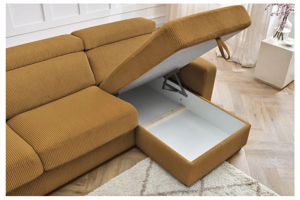 Divano angolare color senape allungabile (con composizione variabile) con rivestimento in velluto a coste Monaco – Bobochic Paris