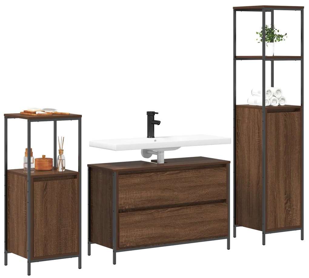 Set di mobili per bagno in 3 pezzi in legno ingegnerizzato marrone