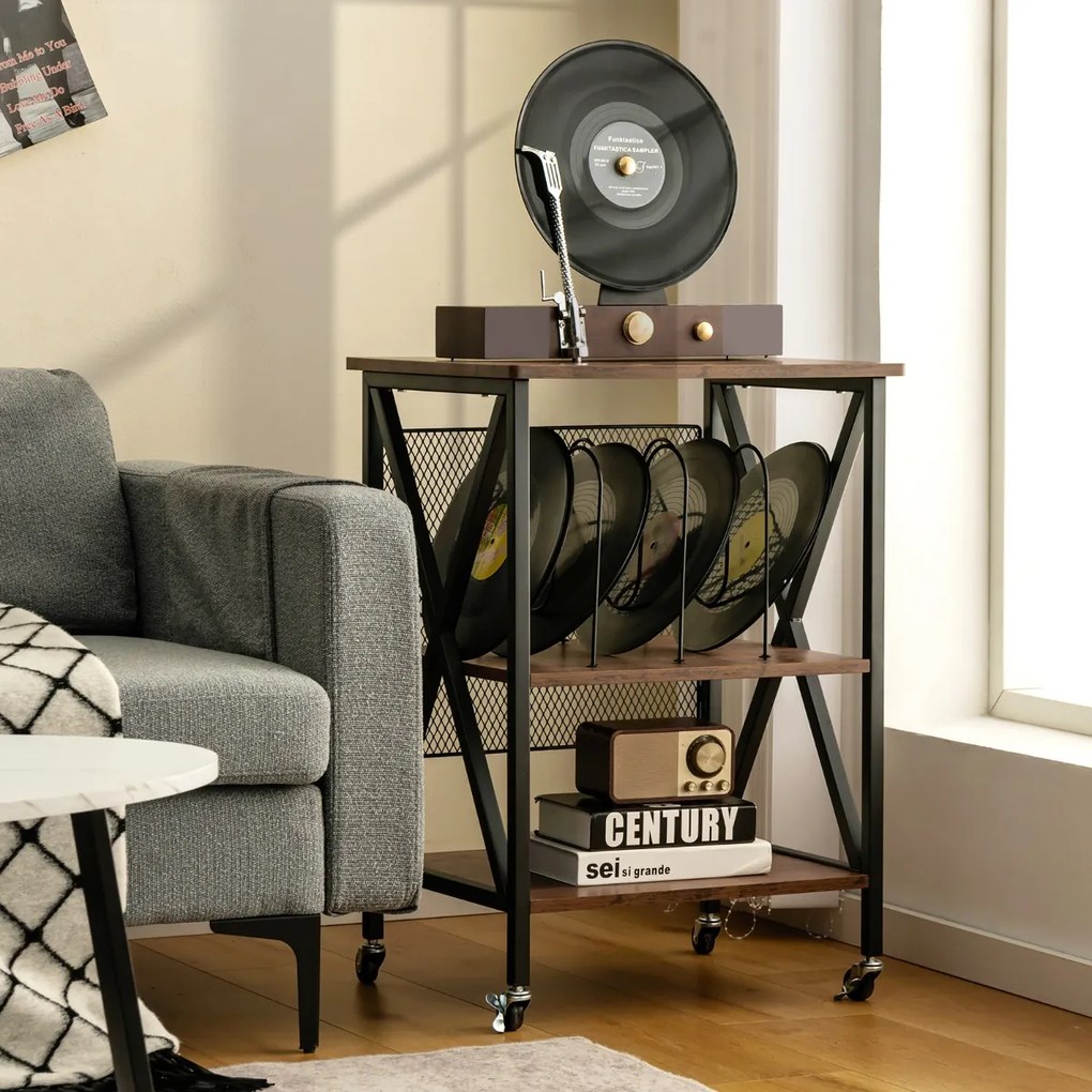 Costway Supporto per giradischi con struttura in acciaio ruote bloccabili, Portadischi in vinile rustico Marrone