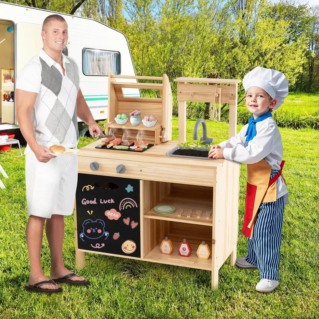 Costway Griglia da gioco in legno con cibo da gioco, Set da cucina Immaginario con cibo da gioco Naturale