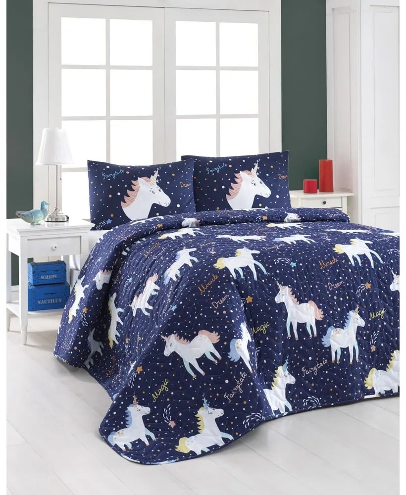 Set di copriletto trapuntato e 2 federe Eponj Home Magic Unicorn blu scuro, 200 x 220 cm - Mijolnir