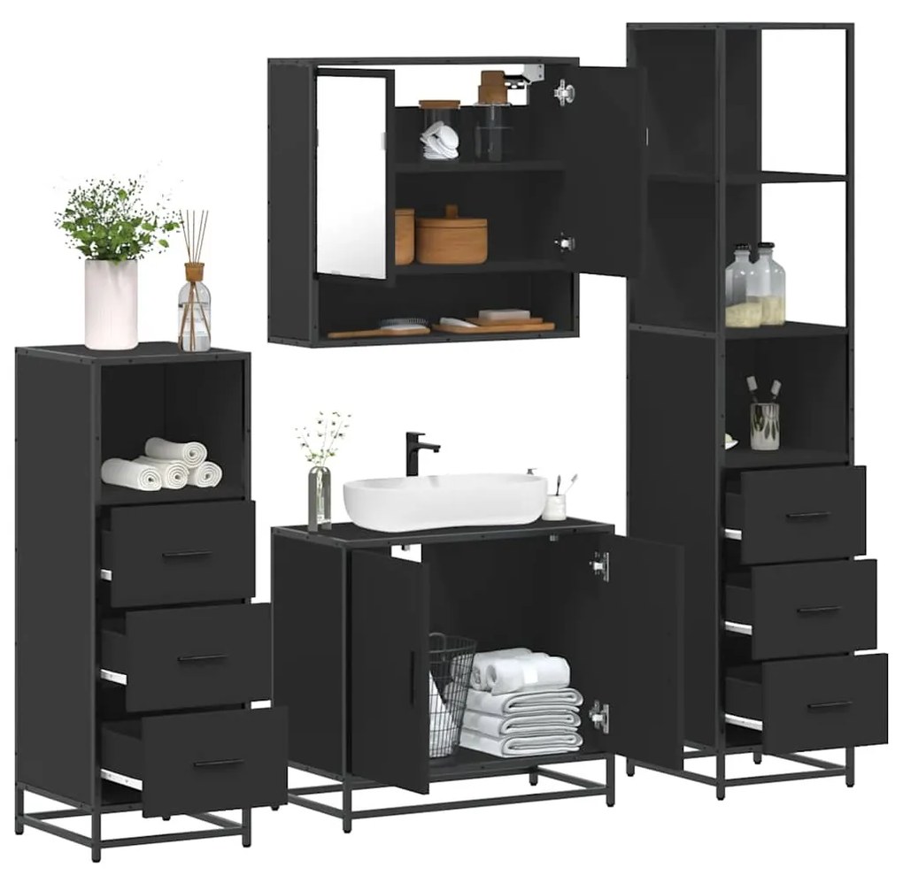 Set Mobili Da Bagno 4 Pz Nero İn Legno Multistrato /