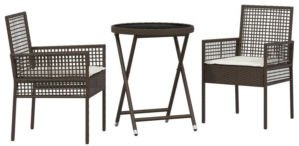 Set bistro da giardino 3 pezzi con cuscini marrone in polyrattan