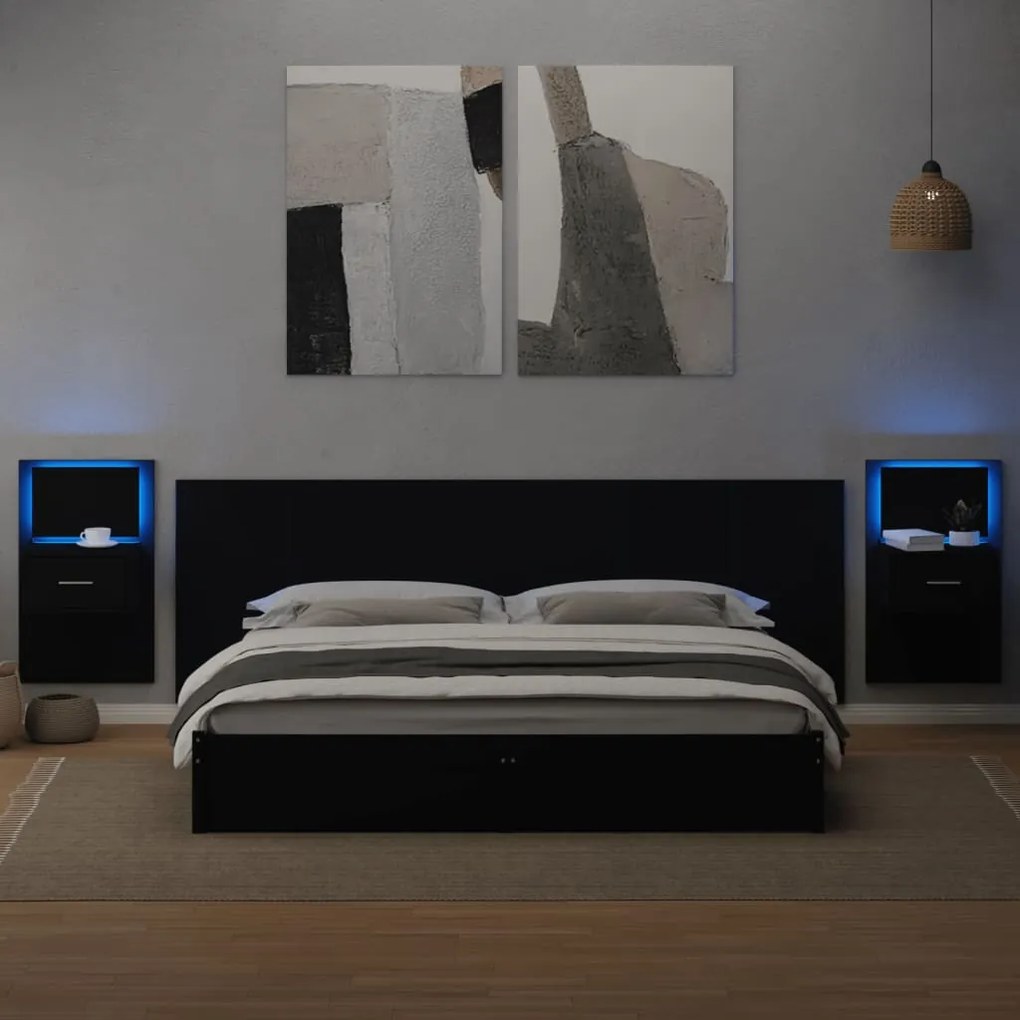 Testiera letto con comodini nera 240 cm in legno multistrato