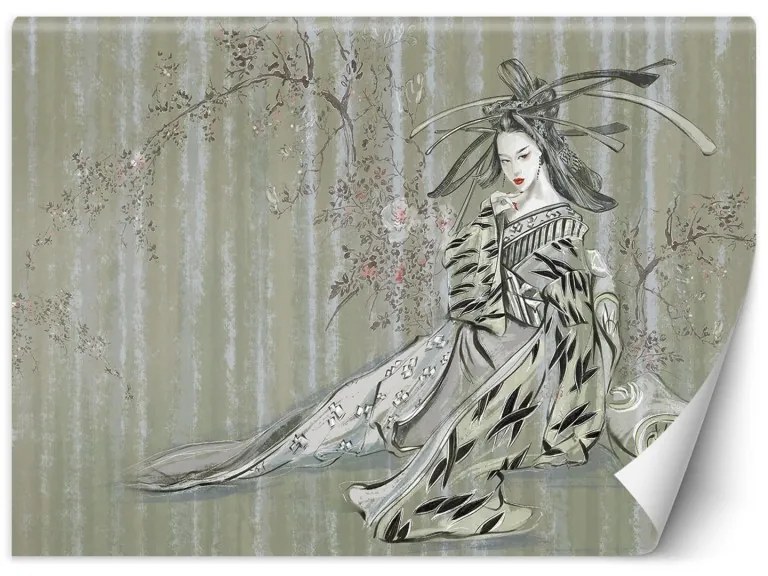 Carta Da Parati, Geisha giapponese orientale Dimensioni 200x140, Finitura Carta da Parati Effetto Tela, Tipo di Carta da Parati Fliselina