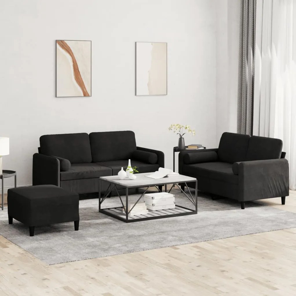 Set Di Divani 3 Pz Con Cuscini Nero İn Velluto /