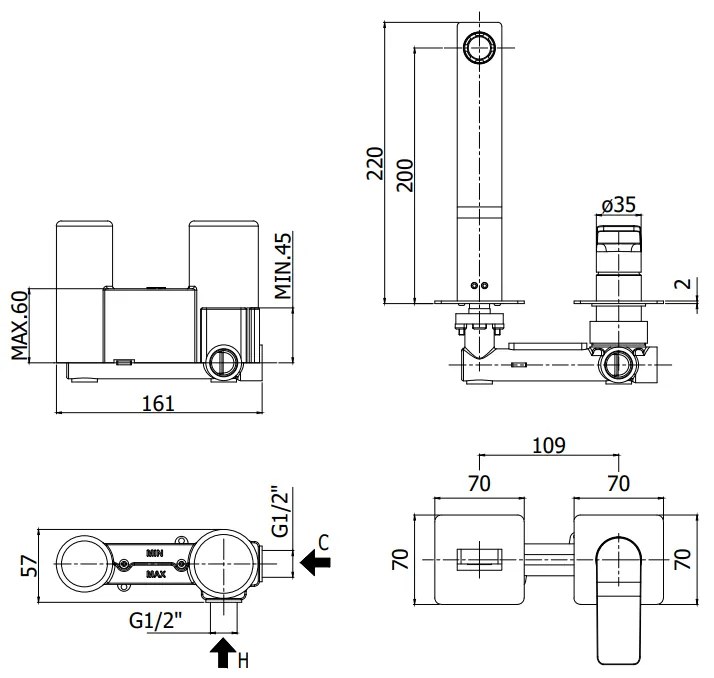 Paffoni Tilt Ti105no70 Miscelatore lavabo Incasso 2 Fori 2 Piastre bocca 20 cm Nero Opaco