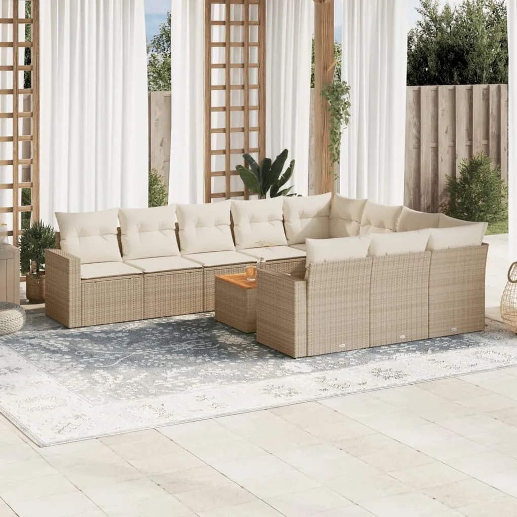 Set divani da giardino 11 pz con cuscini beige in polyrattan