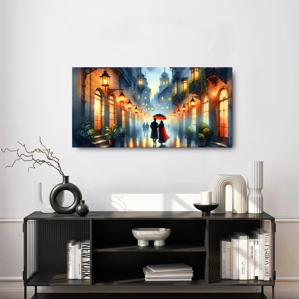 Quadro su tela – Vicolo illuminato dalla luce dei lampioni