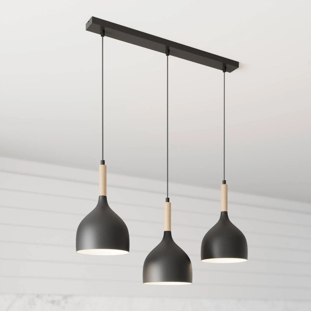 Luminex Lampada a sospensione Noak a 3 luci lunga nero/legno naturale