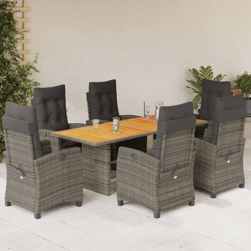 Set da pranzo da giardino 7 pz con cuscini in polyrattan grigio