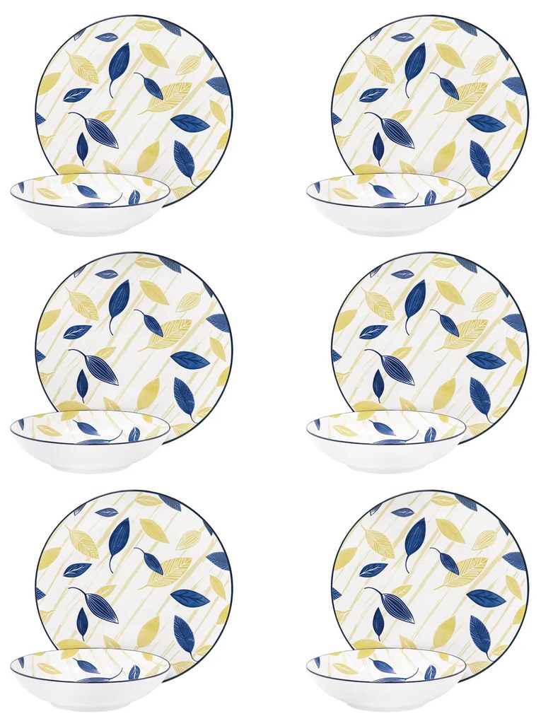 Servizio 12 piatti porcellana foglie blu e giallo Foliage