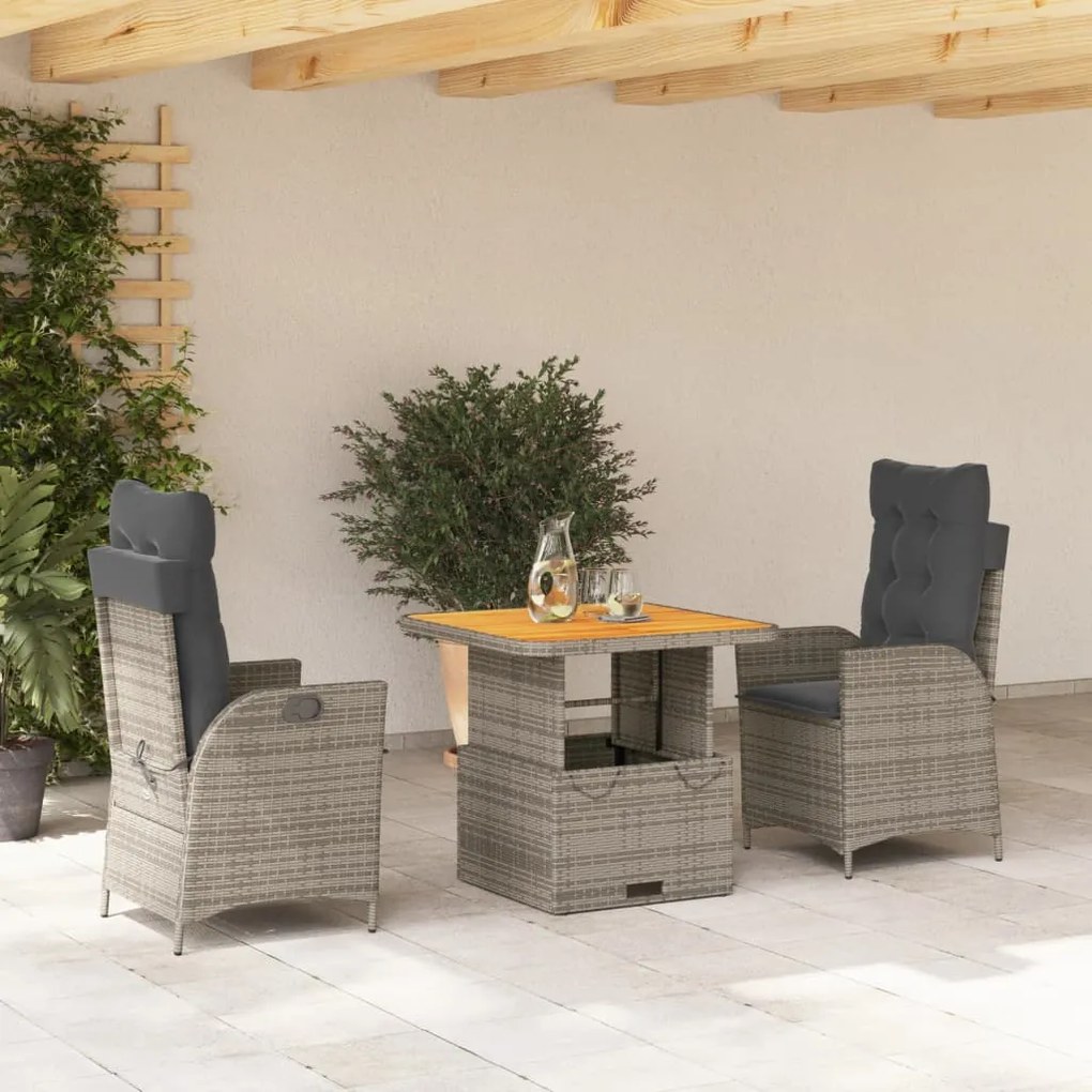 Set Da Pranzo Da Giardino 3 Pz Con Cuscini İn Polyrattan Grigio /