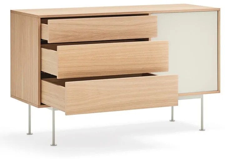 Cassettiera bianco crema con impiallacciatura in rovere, larghezza 128 cm Yoko - Teulat