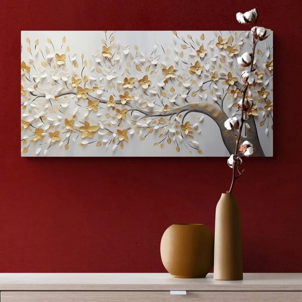 Stampa su tela – Albero con fiori bianco-dorati