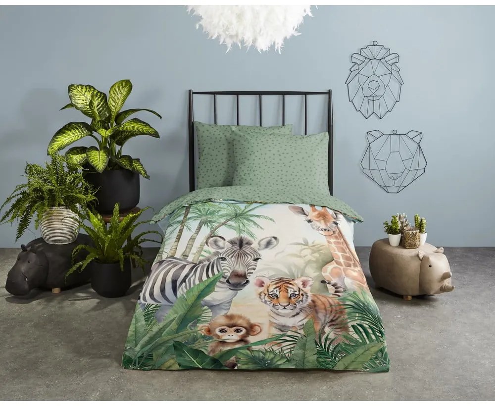 Set copripiumino e federa da bambini verde in cotone per letto singolo 140x200 cm Thabo – Good Morning