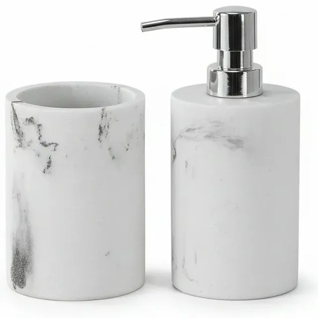 Set accessori bagno effetto marmo 2 pezzi con dispenser e portaspazzolino in resina Ivy