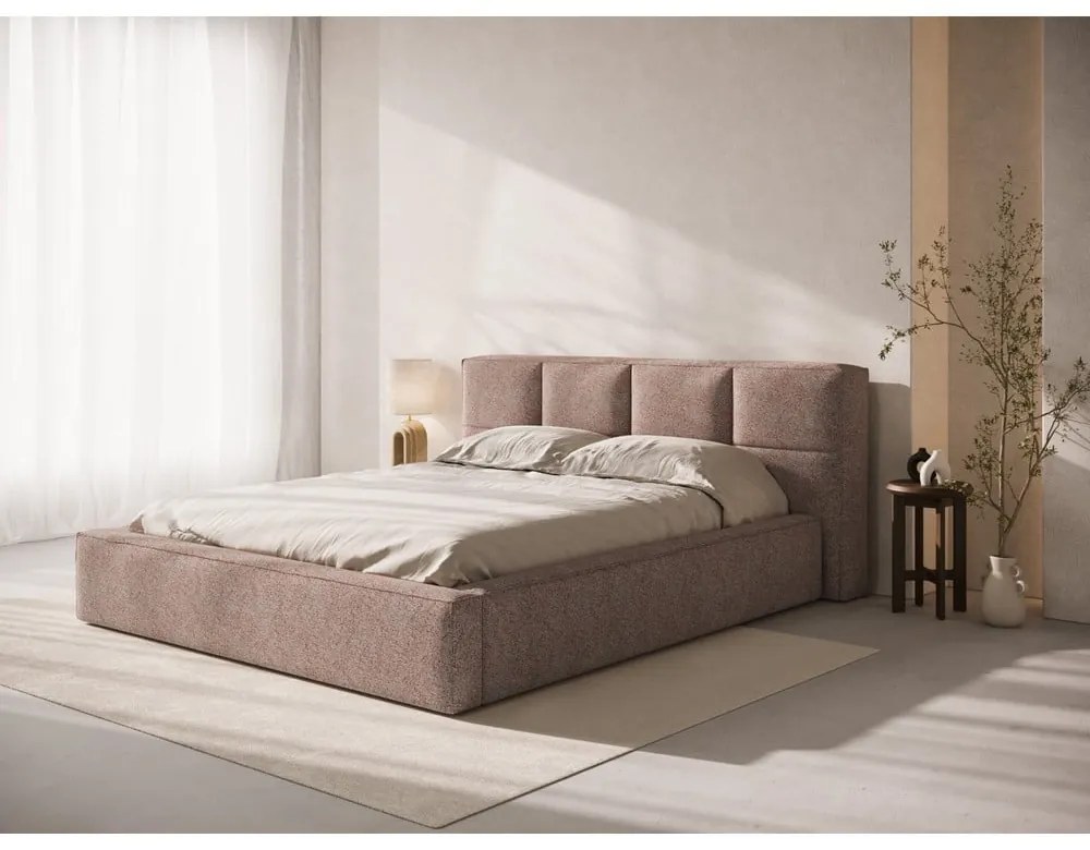 Letto matrimoniale imbottito rosa chiaro con contenitore e rete inclusi 160x200 cm Simon – Micadoni