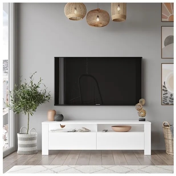 Mobile Porta TV Da Terra 140x40x42 Bianco Con Vani Portaoggetti Luca