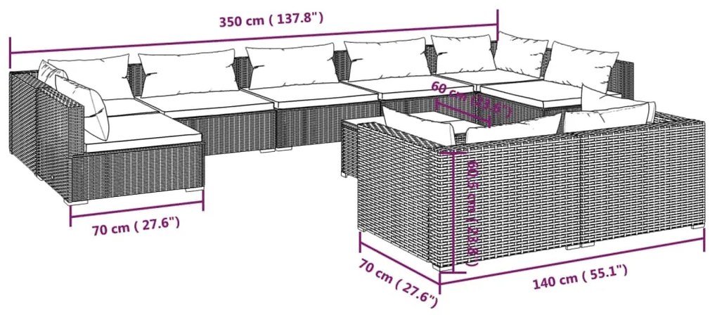 Set Divani da Giardino 10 pz con Cuscini in Polyrattan Grigio