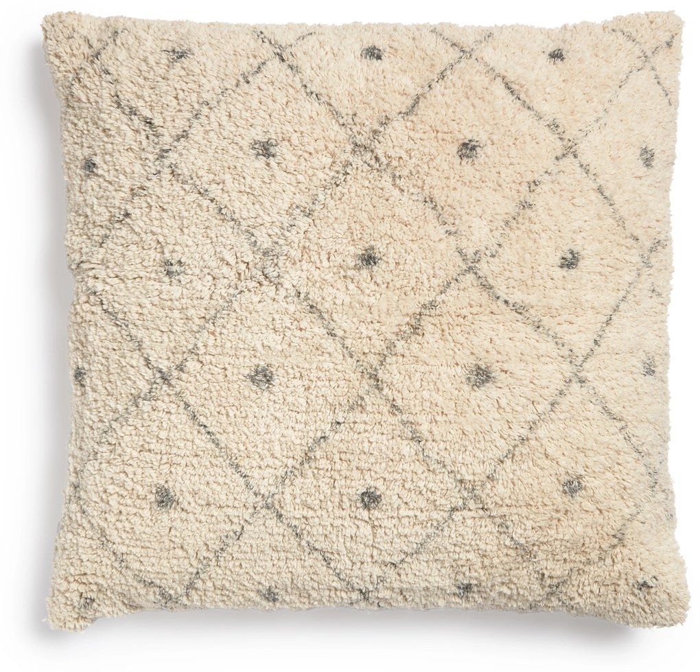 Kave Home - Fodera per cuscino Zita 100% cotone con pelo beige a rombi e pois blu 50 x 50 cm