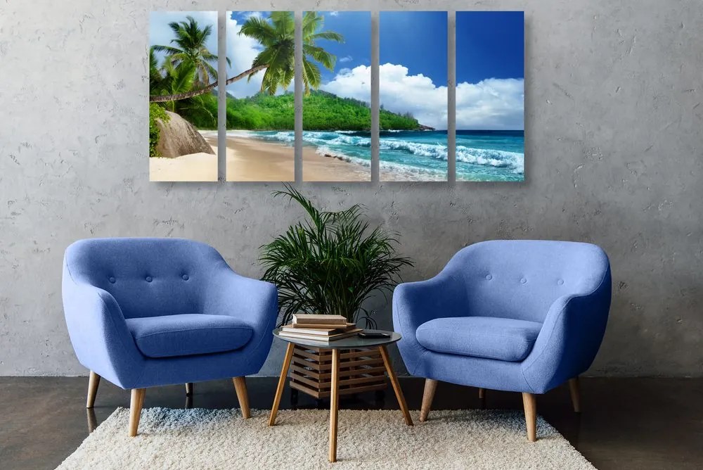 Quadri 5 pezzi – Spiaggia meravigliosa sull'isola di Seychelles