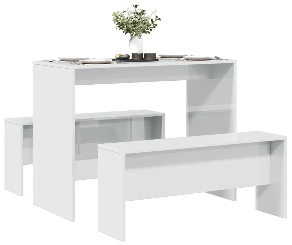 Set Tavolo Da Pranzo E Panche 3 Pz Bianco Lucido İn Truciolato /