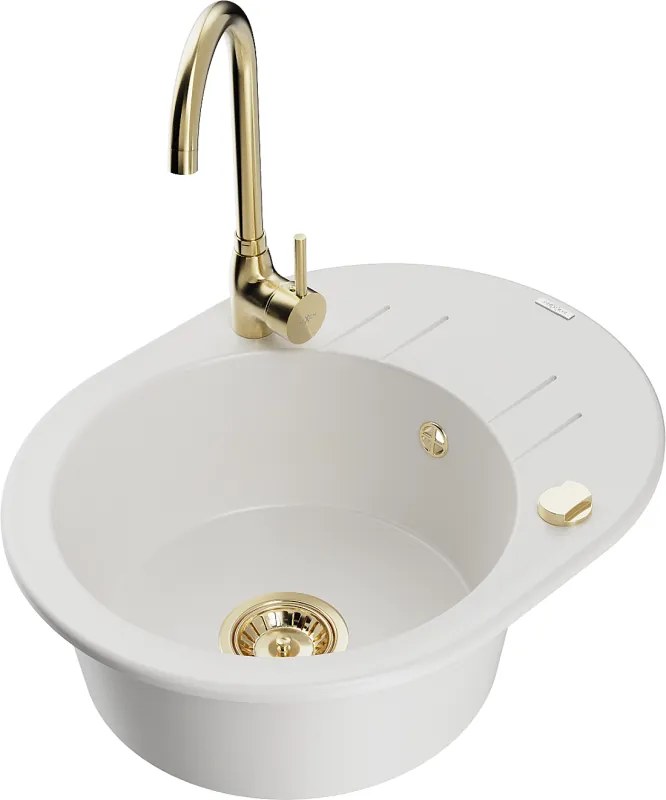 Mexen Kevin lavello in granito ad 1 vasca con gocciolatoio e rubinetto cucina Telma, bianco - 6517-20-670200-50