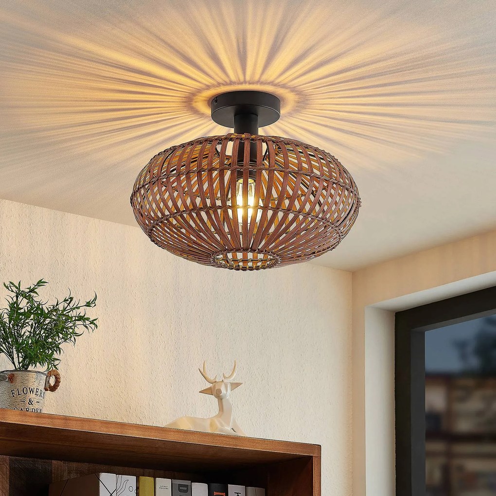 Plafoniera soffitto Majeora Lindby, dimmerabile, Legno scuro, Soggiorno / Sala da pranzo, bambù, Scandinavo, Plafoniera
