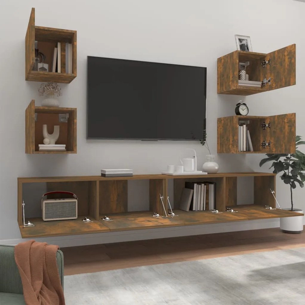 Set di mobili porta tv 6 pz rovere fumo in legno multistrato