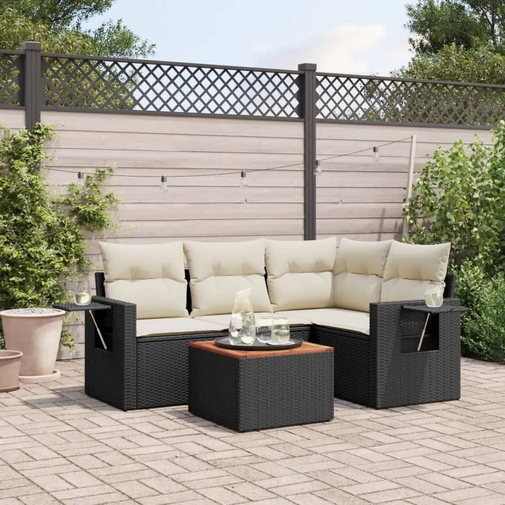 Set divani da giardino 5 pz con cuscini in polyrattan nero