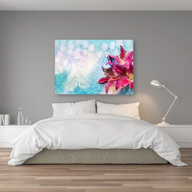 Quadro su tela, Fiori rosa su uno sfondo blu  Dimensioni 90x60