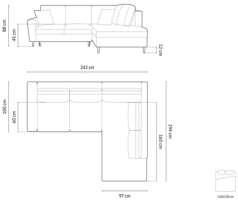 Divano angolare grigio scuro allungabile e con contenitore (con penisola a destra/a L) con rivestimento in velluto Kyoto – Cosmopolitan Design