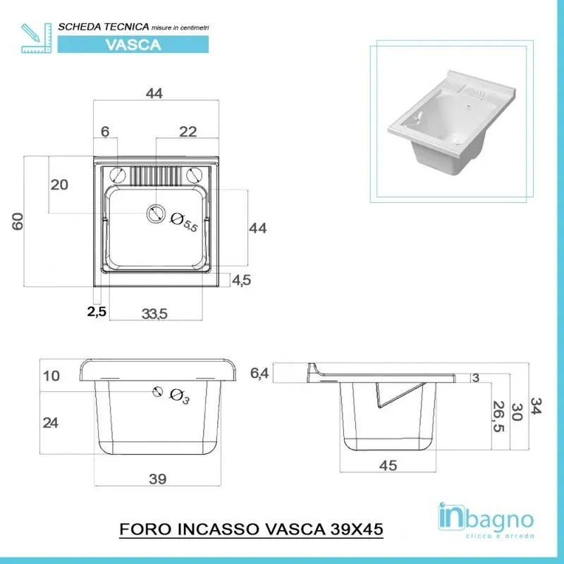 Vasca lavatoio 45x60 cm in resina bianca da incasso o in appoggio
