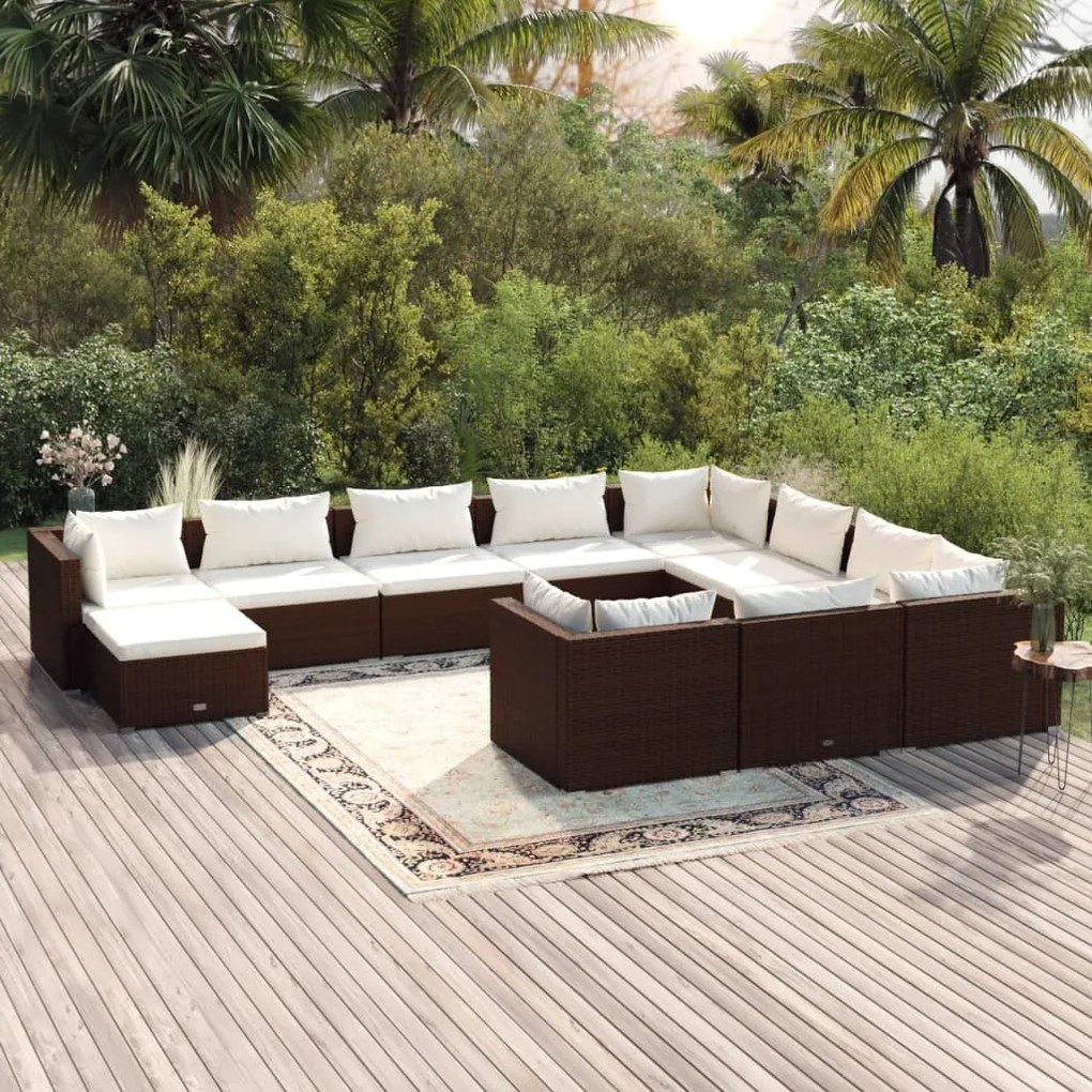 Set Mobili da Giardino 11 pz con Cuscini in Polyrattan Marrone