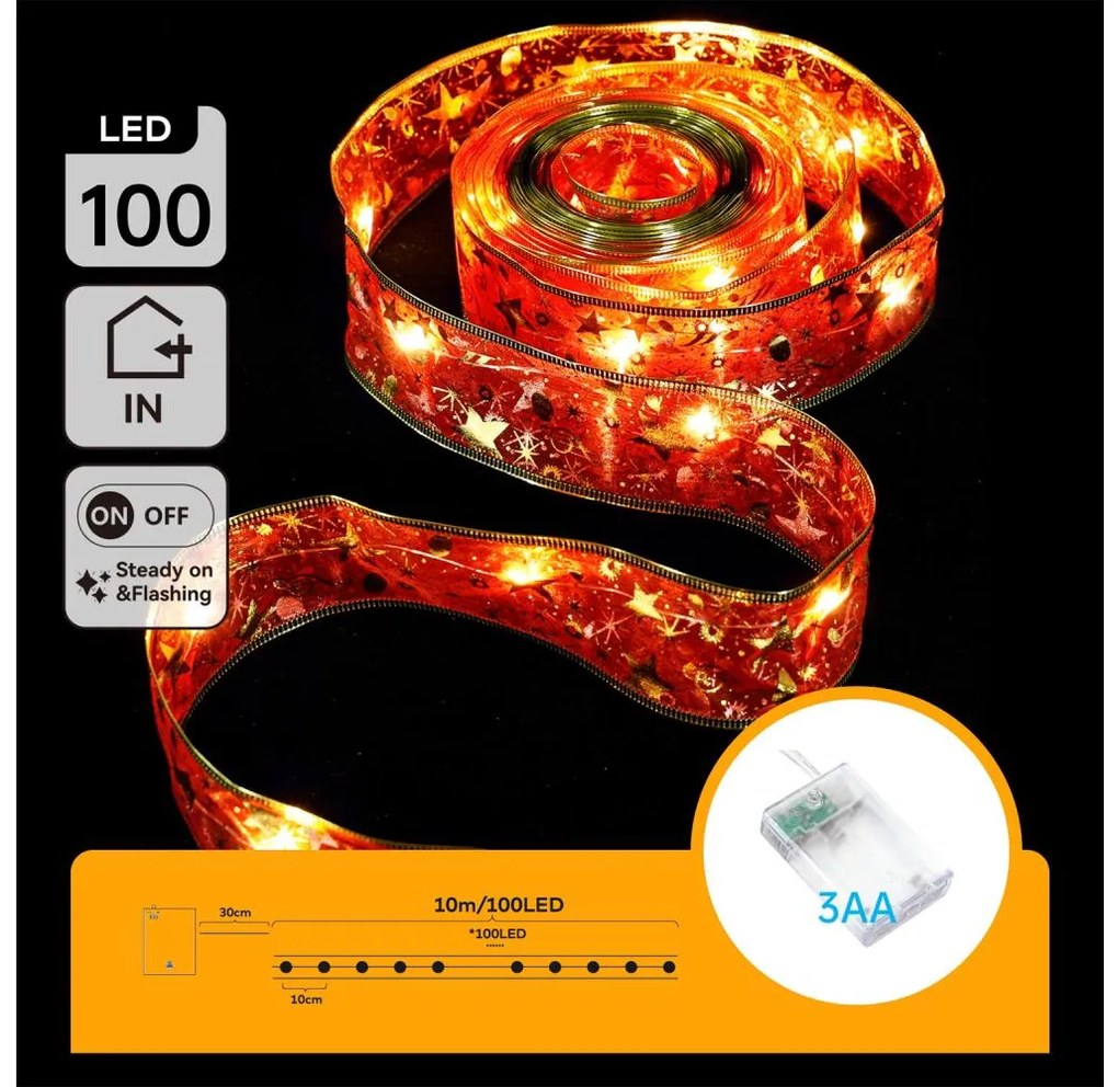 Aigostar - Catena luminosa LED natalizia 100 LED, 3xAA, 10 m, bianco caldo e rosso