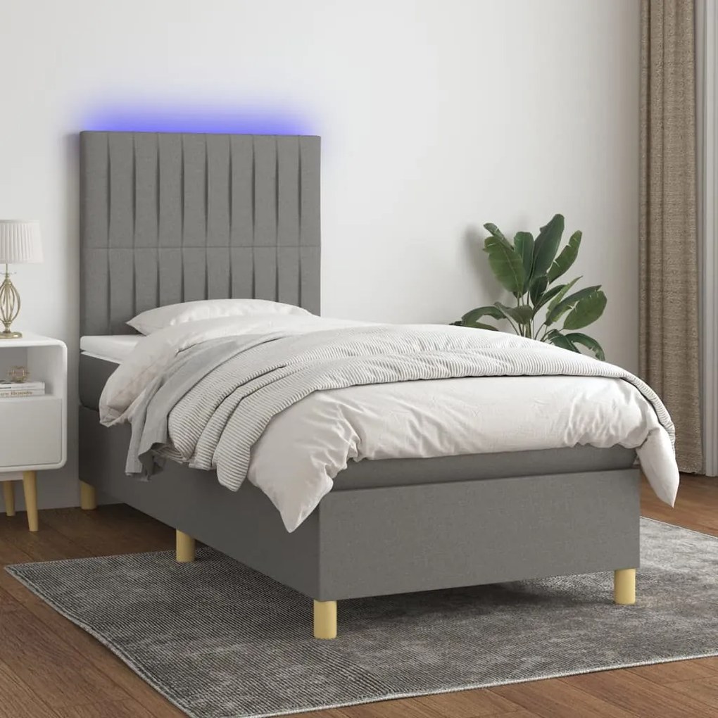 Letto a molle materasso e led grigio scuro 100x200cm in tessuto