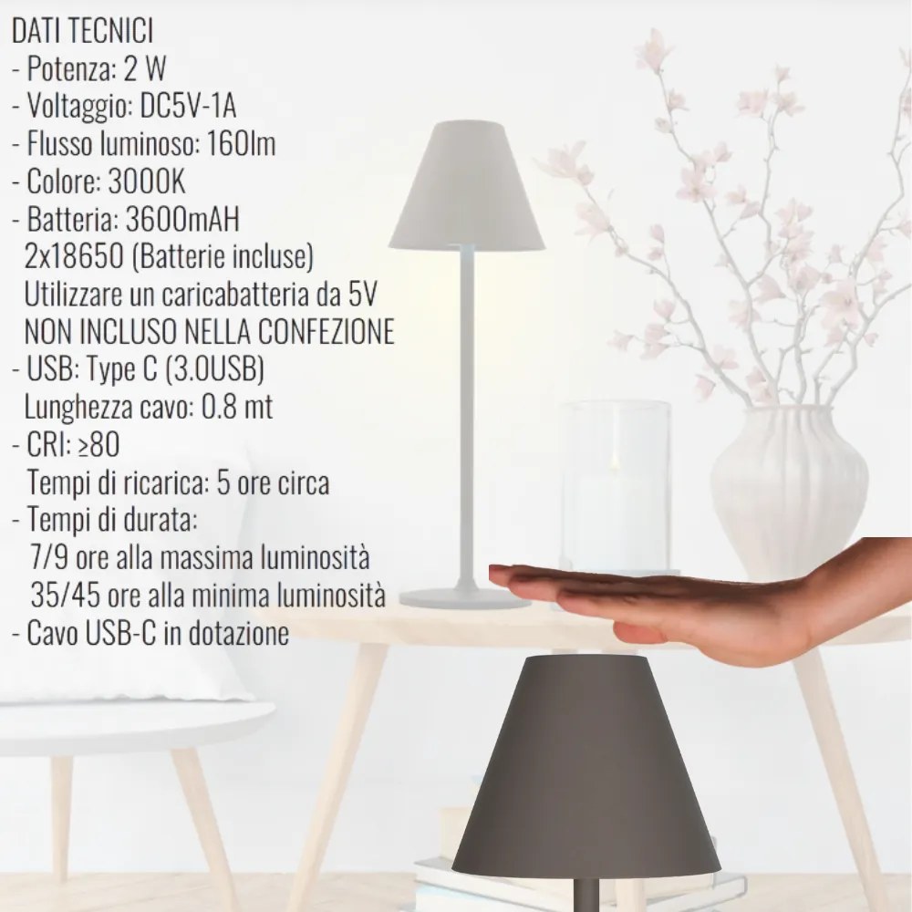 Lampada da Tavolo LED Ricaricabile, Touch Luce Calda Dimmerabile per Casa, Bar, Pub, Ristoranti - Tortora