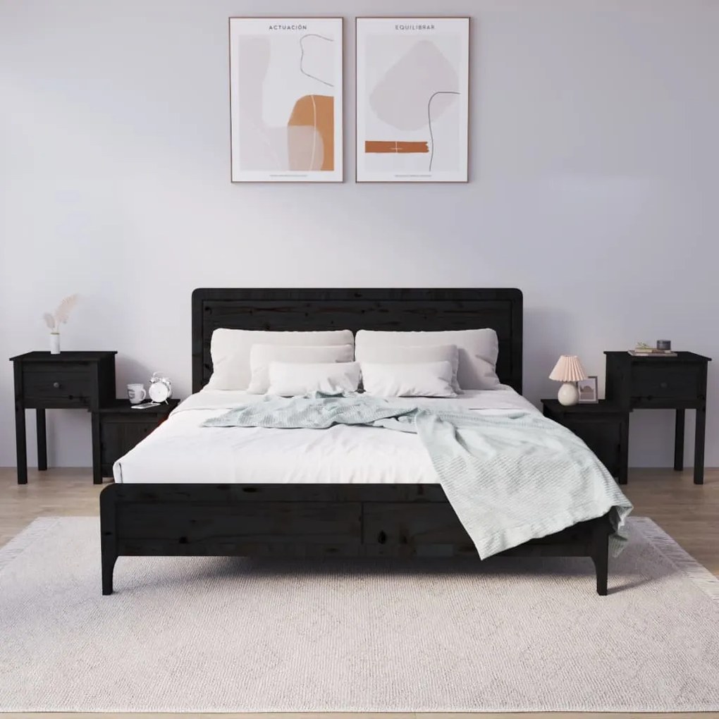 Comodini 2 Pz Neri 79,5x38x65,5 Cm İn Legno Massello Di Pino /