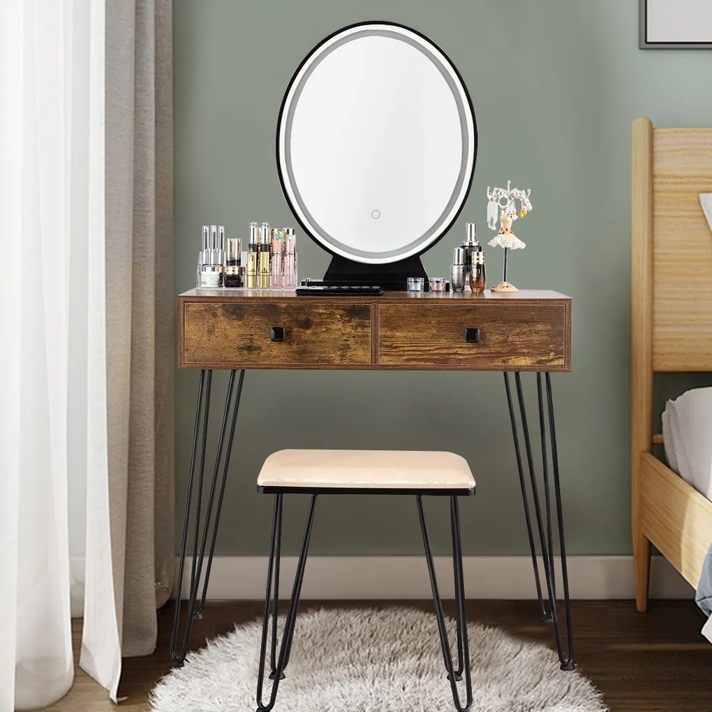 Costway Toeletta con specchio per salone e camera da letto, Toeletta con sgabello e organizer cosmetici, Marrone