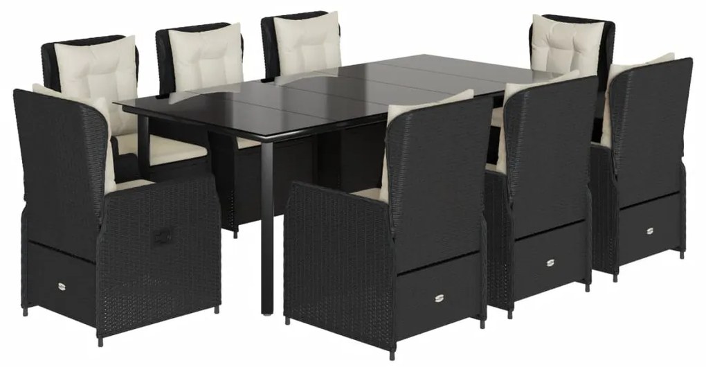Set da pranzo da giardino 9 pz con cuscini nero in polyrattan