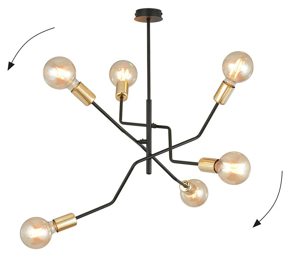 Sospensione Industrial 6 Luci Temi In Acciaio Nero E Oro Bracci Regolabili