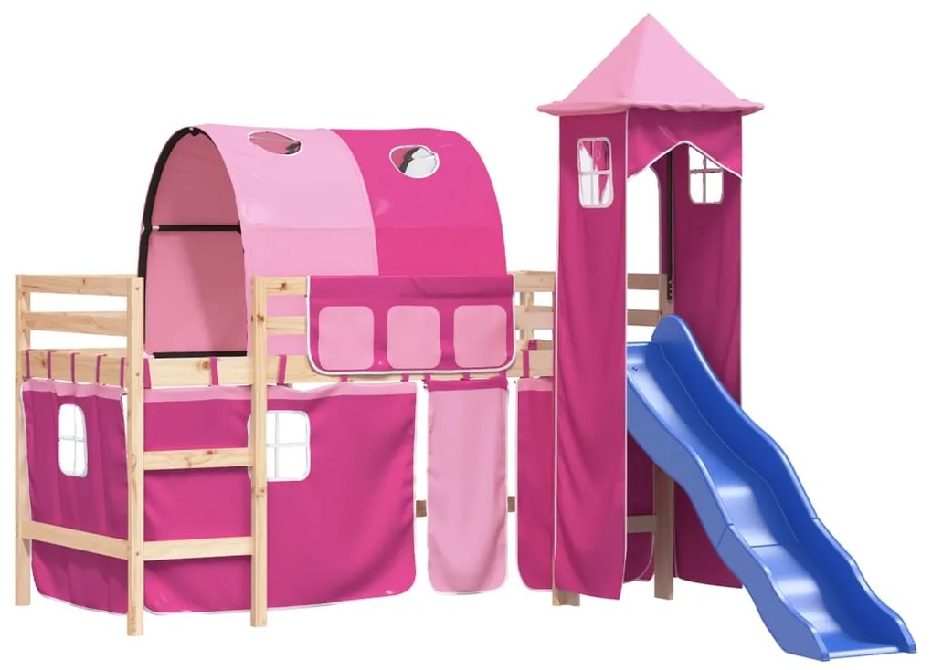 Letto a soppalco con torre bambini rosa 80x200cm massello pino