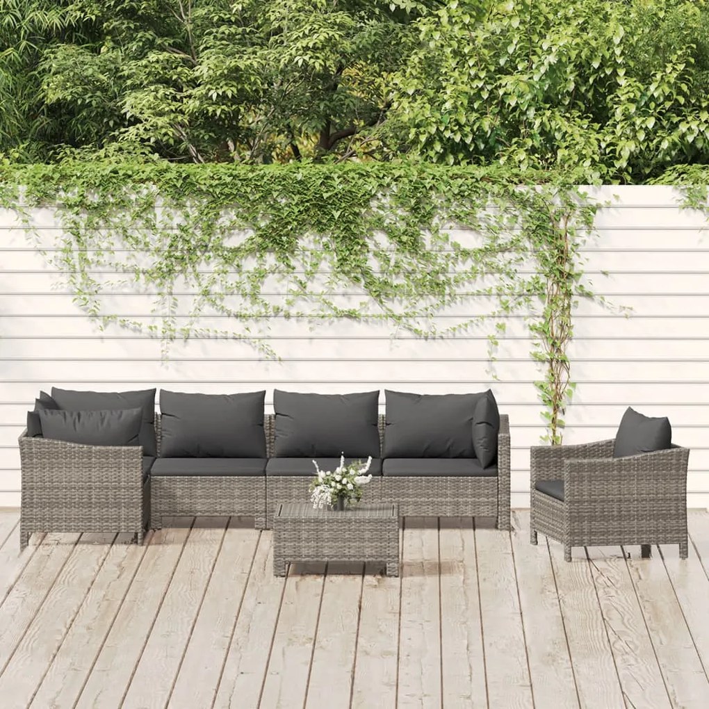 Set divani da giardino 7 pz con cuscini in polyrattan grigio
