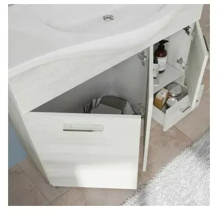 Mobile da Terra 105 cm in rovere bianco completo di specchio con pensile e LED