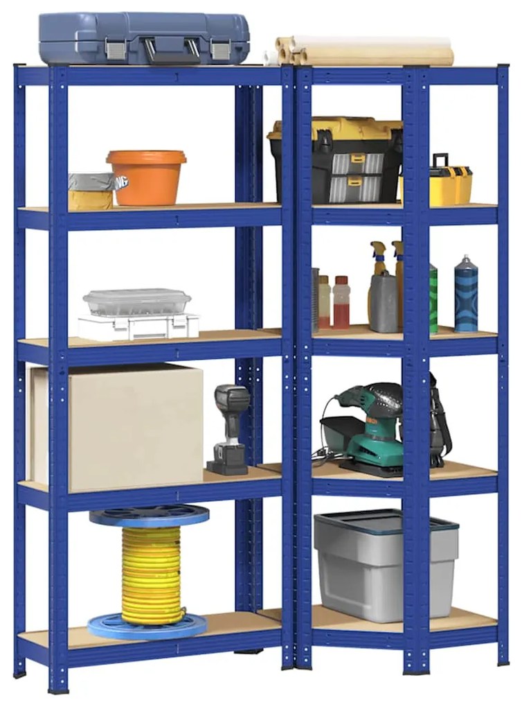 Set Di Scaffali 2pz A 5 Ripiani Blu Acciaio E Legno Multistrato /