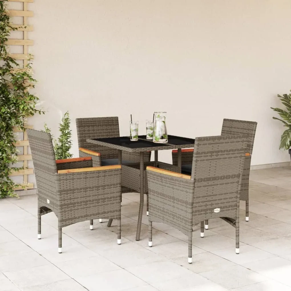 Set da pranzo da giardino 5 pz con cuscini polyrattan e vetro