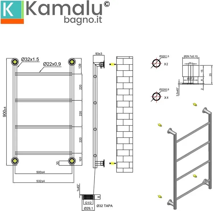 Termoarredo scaldasalviette 900x560mm interasse 500mm KAM-D6009 - KAMALU