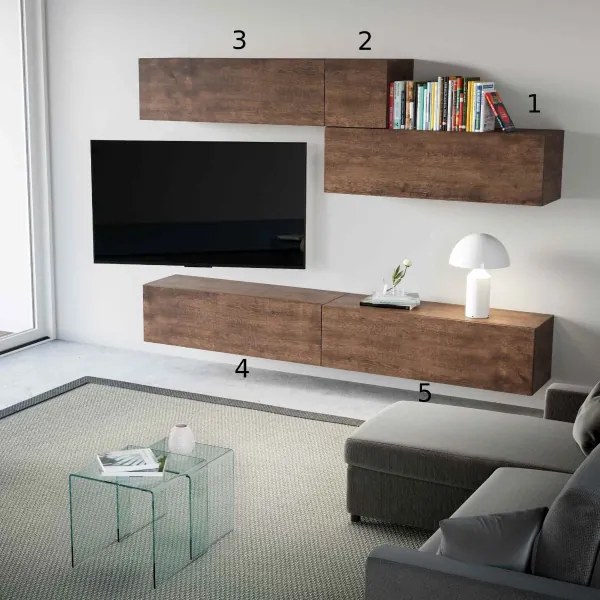 Parete soggiorno sospesa Isoka A03 L.268 P.39,5 Noce