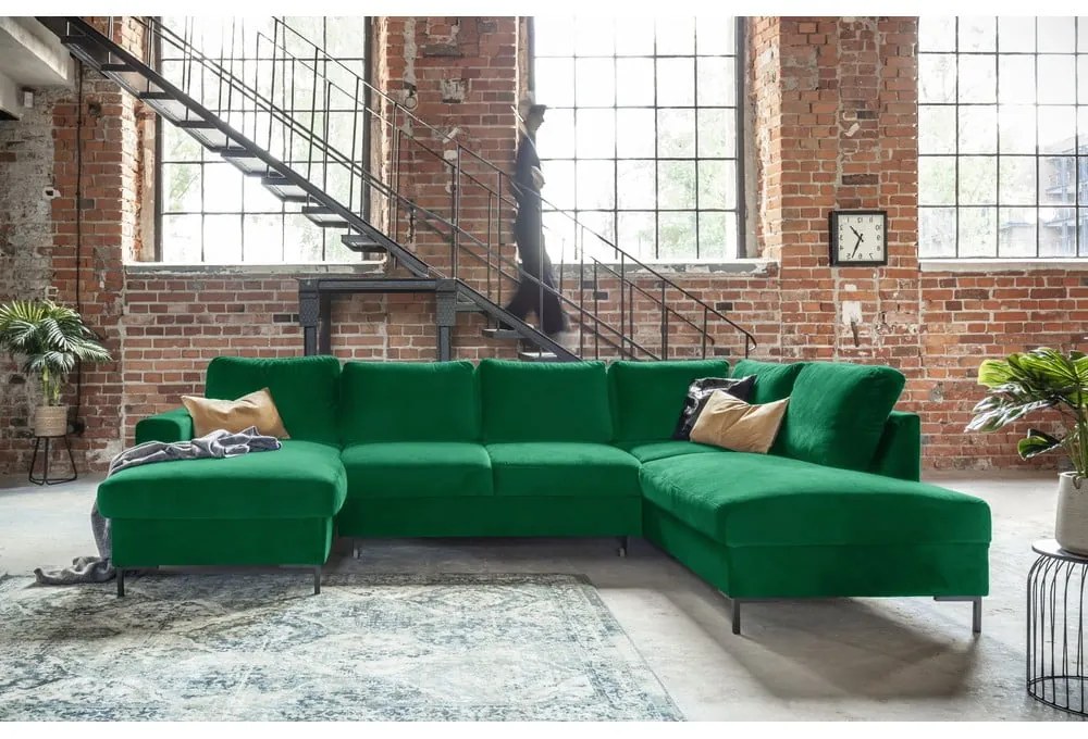 Divano letto a U in velluto verde, angolo destro Lofty Lilly - Miuform